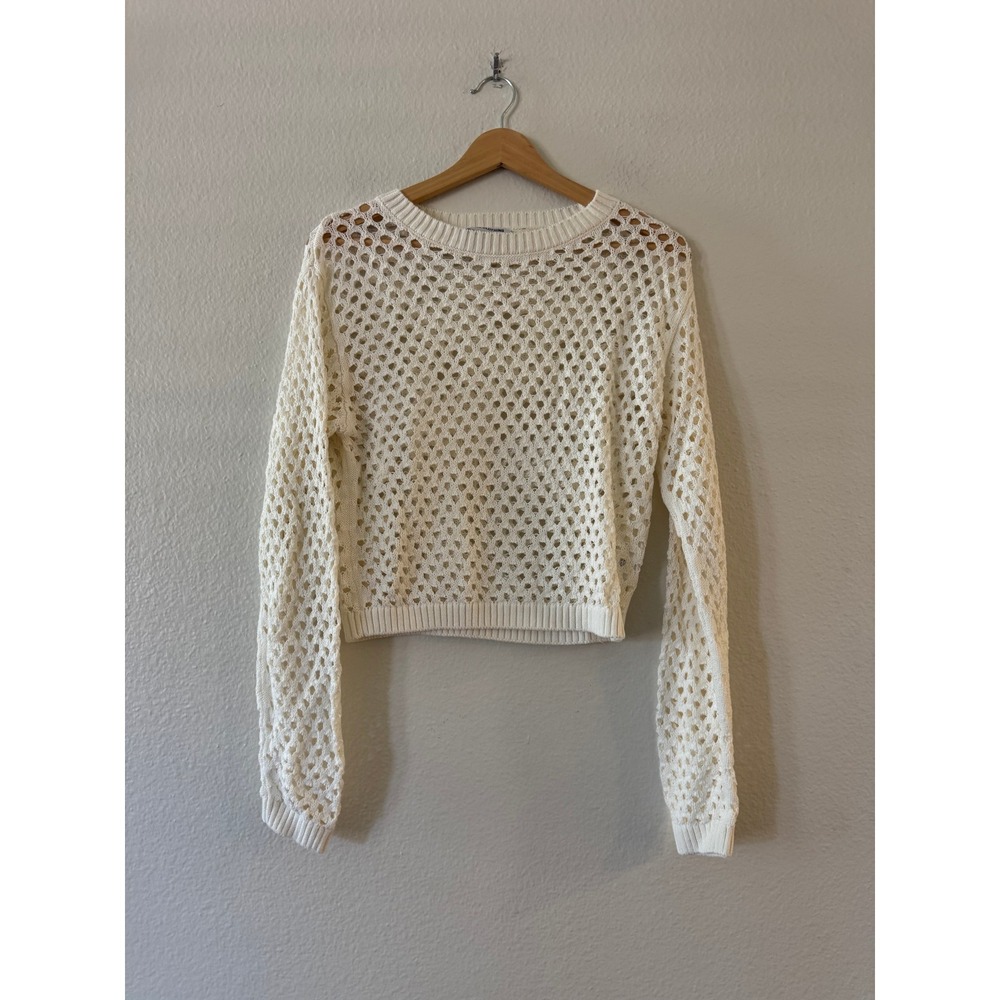 LNA Clothing Open Knit Crochet Sweater Small Cream Boho Cropped Pullover Mint